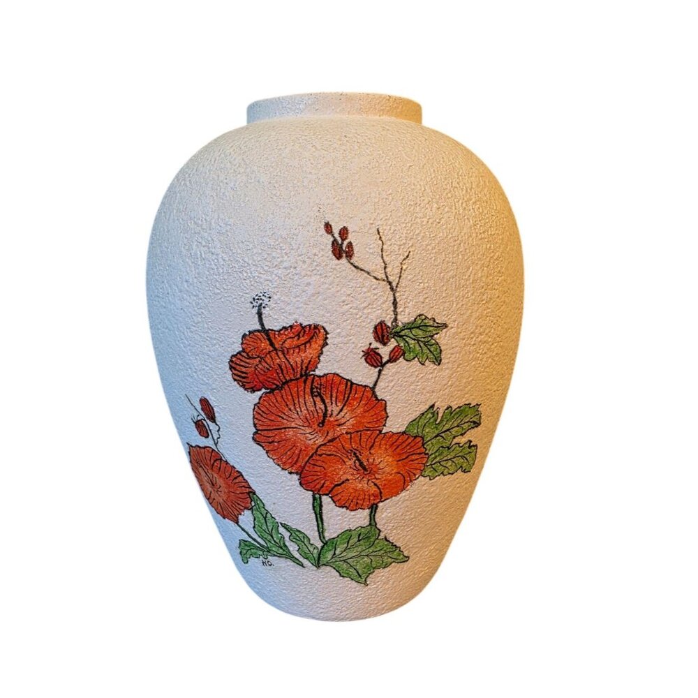 Signed Handcrafted White Textured‎ Vase Red Poppy Floral 10" Tall H.O.